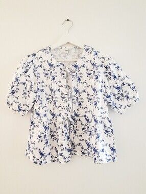 White and Blue Floral Tie-Front Blouse with Puff Sleeves